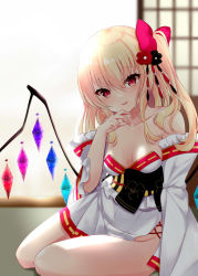 Rule 34 | 1girl, alternate costume, bad id, bad pixiv id, bare shoulders, bow, breasts, cleavage, collarbone, commentary request, crystal, detached sleeves, flandre scarlet, hair between eyes, hair bow, japanese clothes, kimono, looking at viewer, medium breasts, medium hair, red bow, side ponytail, sidelocks, sitting, smile, solo, thighs, tosakaoil, touhou, white kimono, wings