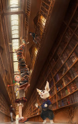 Rule 34 | 1girl, 2boys, ahoge, animal ears, book, bow, bowtie, braid, commentary request, dress, fairy, fantasy, from below, highres, indoors, layered sleeves, library, long sleeves, multiple boys, original, rabbit, rabbit ears, reflection, reflective floor, short over long sleeves, short sleeves, shorts under dress, somehira katsu, striped bow, striped bowtie, striped clothes, twin braids