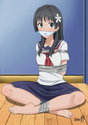 Rule 34 | 1girl, absurdres, arms behind back, barefoot, bdsm, black hair, blue eyes, blush, body blush, bondage, bound, bound ankles, breasts, cloth gag, gag, gagged, highres, improvised gag, looking at viewer, over the mouth gag, saten ruiko, school uniform, shadow xcp, sitting, skirt, tape, tape bondage, toaru majutsu no index, toenails, toes