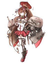 Rule 34 | 10s, 1girl, absurdly long hair, anchor, asymmetrical legwear, bare shoulders, black thighhighs, breast hold, breasts, brown eyes, brown hair, cherry blossoms, clothes writing, full body, headgear, kantai collection, large breasts, long hair, miniskirt, oil-paper umbrella, petals, pleated skirt, ponytail, ryukadomatsu, sidelocks, single thighhigh, skirt, solo, thighhighs, turret, umbrella, uneven legwear, very long hair, yamato (kancolle)