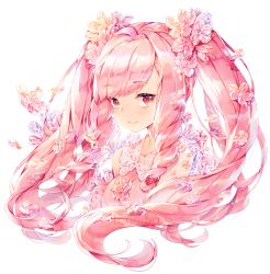 Rule 34 | bare shoulders, cherry blossoms, commission, drill hair, flower, hair flower, hair ornament, long hair, looking at viewer, original, pink eyes, pink hair, portrait, sailor collar, smile, solo, tonowa, transparent background, twintails, upper body, wavy hair