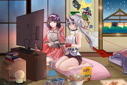 Rule 34 | 2girls, bed, black hair, black shorts, blush, book stack, bow (weapon), bowl, breasts, bullet bill, can, cape, clyde panda, commentary, controller, english commentary, fate/grand order, fate (series), figure, fingerless gloves, food, game controller, gloves, hair ribbon, headband, hood, hood down, hooded cape, horns, large breasts, long hair, luigi, multiple girls, night, night sky, oni horns, osakabehime (fate), pillow, pink skirt, pizza, pizza box, playing games, playstation controller, ponytail, red eyes, red gloves, red horns, red ribbon, ribbon, seiza, shirt, short shorts, shorts, signature, silver hair, sitting, sitting on pillow, skirt, sky, television, tomoe gozen (fate), weapon, white shirt, window