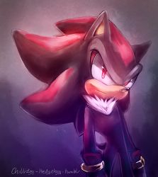 Rule 34 | 1boy, animal ears, artist name, black hair, closed mouth, furry, furry male, gloves, looking at viewer, male focus, multicolored hair, red eyes, red hair, shadow the hedgehog, sideways mouth, simple background, solo, sonic (series), spacecolonie, standing, tail, tumblr username, two-tone hair