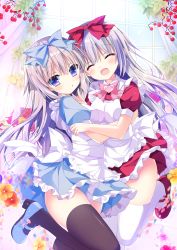 Rule 34 | 2girls, :d, :o, ^ ^, absurdres, airi (alice or alice), alice or alice, apron, black legwear, blue dress, blue footwear, blush, bow, breasts, closed eyes, day, dress, frilled apron, frills, grey hair, hair between eyes, head tilt, heart, high heels, highres, indoors, multiple girls, open mouth, parted lips, pink bow, puffy short sleeves, puffy sleeves, purple eyes, red dress, red footwear, rise (alice or alice), shiwasu horio, shoes, short sleeves, siblings, sisters, small breasts, smile, thighhighs, white apron, white legwear, window