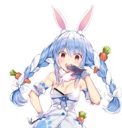Rule 34 | 1girl, animal ear fluff, animal ears, bangs, bare shoulders, black gloves, black leotard, blue hair, blush, bow, braid, bunny ears, carrot hair ornament, censored, detached sleeves, don-chan (usada pekora), dress, eyebrows visible through hair, food themed hair ornament, fur-trimmed gloves, fur trim, gloves, hair between eyes, hair bow, hair ornament, hand on hip, hand to own mouth, hand up, hololive, leotard, light censor, long hair, multicolored hair, nipple censor, open mouth, puffy short sleeves, puffy sleeves, red eyes, rei (rei&#039;s room), round teeth, short eyebrows, short sleeves, simple background, strapless, strapless dress, strapless leotard, sweat, teeth, thick eyebrows, twin braids, twintails, two-tone hair, upper body, upper teeth, usada pekora, very long hair, virtual youtuber, wardrobe malfunction, white background, white bow, white dress, white hair, white sleeves