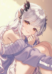 Rule 34 | 1girl, nanashi inc., bare legs, bare shoulders, brown eyes, cardigan, closed mouth, dress, frilled dress, frills, from side, grey hair, highres, hiyorou, honey strap, horns, knees up, long hair, long sleeves, looking at viewer, looking to the side, multicolored hair, off shoulder, pink hair, pointy ears, purple cardigan, smile, solo, streaked hair, suou patra, very long hair, virtual youtuber, white dress