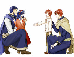 Rule 34 | 1girl, 3boys, armor, beard, blue hair, cape, delsaber, dress, eliwood (fire emblem), facial hair, father and daughter, father and son, fire emblem, fire emblem: the binding blade, fire emblem: the blazing blade, hand on own chest, hector (fire emblem), lilina (fire emblem), looking at another, multiple boys, nintendo, aged up, open mouth, outstretched hand, red dress, red hair, robe, roy (fire emblem), smile, aged down
