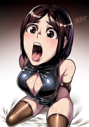 Rule 34 | 1girl, arms behind back, bed sheet, black one-piece swimsuit, blush, bodysuit, breasts, brown eyes, brown gloves, brown hair, brown thighhighs, center opening, cleavage, commentary, english commentary, from above, gloves, highres, kneeling, large breasts, latex, latex bodysuit, meme attire, one-piece swimsuit, open-chest sweater, open mouth, oral invitation, original, parted bangs, ryuusei (mark ii), skindentation, sleeveless, solo, sweater, swimsuit, thighhighs, tongue, tongue out, unzipped, uvula, zipper