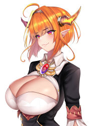 Rule 34 | 1girl, ahoge, alternate hairstyle, blonde hair, blouse, blush, bow, breasts, chain, chain necklace, cleavage, cleavage cutout, clothing cutout, collared shirt, dragon girl, dragon horns, hairband, highres, hololive, horn bow, horn ornament, horns, jewelry, kiryu coco, kiryu coco (1st costume), large breasts, looking at viewer, multicolored hair, necklace, nyctea snow, open mouth, orange hair, pointy ears, red eyes, shirt, short hair, simple background, smile, streaked hair, virtual youtuber, white background, white shirt