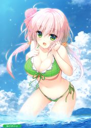 Rule 34 | 1girl, absurdres, ahoge, bare arms, bare shoulders, bikini, blue sky, breasts, cleavage, cloud, cloudy sky, collarbone, day, front-tie bikini top, front-tie top, gluteal fold, green bikini, green eyes, hair ornament, hand on own chest, highres, large breasts, long hair, looking at viewer, low twintails, melonbooks, navel, ocean, open mouth, outdoors, pink hair, scan, side-tie bikini bottom, sky, solo, swimsuit, twintails, wading, water, yuzuna hiyo