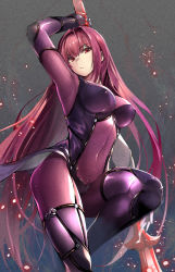 Rule 34 | 1girl, arm up, bodysuit, breasts, covered navel, fate/grand order, fate (series), gae bolg (fate), hair between eyes, highres, large breasts, long hair, looking at viewer, polearm, purple bodysuit, purple hair, red eyes, scathach (fate), solo, spear, suishougensou, thighs, weapon