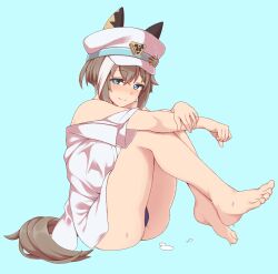 Rule 34 | 1girl, absurdres, animal ears, bare shoulders, barefoot, blue eyes, blush, breasts, cheval grand (umamusume), cleavage, closed mouth, commentary request, ear covers, feet, hair between eyes, hakutaqanta, hat, highres, horse ears, horse girl, horse tail, knees up, blue background, looking at viewer, medium breasts, multicolored hair, off shoulder, peaked cap, shirt, simple background, solo, streaked hair, swimsuit, tail, toes, umamusume, white hair, white shirt