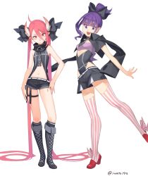 Rule 34 | 2girls, absurdly long hair, bare shoulders, black bow, black footwear, black socks, boots, bow, clothing cutout, crop top, cross-laced footwear, demon horns, full body, hair between eyes, hair bow, hand on own hip, high heels, highleg, highres, horns, iwato1712, jacket, jacket on shoulders, knee boots, kneehighs, knife, lace-up boots, long hair, looking at viewer, multiple girls, navel, navel cutout, necktie, original, outstretched hand, pink eyes, pink hair, pink legwear, pointy ears, ponytail, purple eyes, purple hair, sharp teeth, short shorts, shorts, side cutout, simple background, sleeveless, slippers, socks, standing, standing on one leg, strapless, striped clothes, striped legwear, striped thighhighs, teeth, thigh strap, thighhighs, tube top, turtleneck, twintails, twitter username, vertical-striped clothes, vertical-striped legwear, vertical-striped thighhighs, very long hair, white background, white legwear
