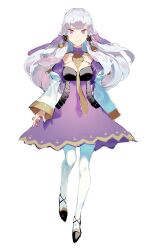 Rule 34 | 1girl, aisutabetao, black footwear, closed mouth, commentary request, detached collar, dress, fire emblem, fire emblem: three houses, full body, gold trim, highres, long hair, long sleeves, looking at viewer, lysithea von ordelia, nintendo, pantyhose, pink eyes, purple dress, shoes, simple background, solo, veil, white background, white hair, white pantyhose, white sleeves