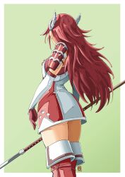 Rule 34 | 1girl, armor, armored dress, artist logo, ass, ass focus, automatic giraffe, border, caeldori (fire emblem), commentary, dress, english commentary, facing away, fire emblem, fire emblem fates, from behind, full body, gloves, green background, highres, holding, holding polearm, holding weapon, long hair, nintendo, pegasus knight uniform (fire emblem), polearm, red gloves, red hair, red thighhighs, short dress, shoulder armor, simple background, solo, spear, thighhighs, weapon, white border, winged hair ornament