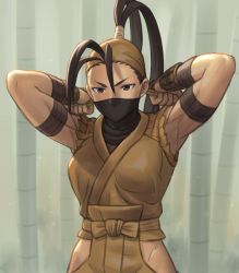 Rule 34 | 1girl, antenna hair, arm wrap, arms up, bamboo, bamboo forest, bandana, breasts, brown eyes, brown hair, commentary request, forest, high ponytail, hip vent, ibuki (street fighter), japanese clothes, long hair, looking at viewer, mask, mouth mask, nature, ninja, noppo (tarstation), ponytail, small breasts, solo, standing, street fighter, street fighter iii (series), toned, tying, upper body, v-shaped eyebrows