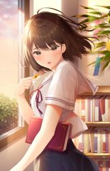 Rule 34 | 1girl, :d, black skirt, blouse, blush, book, bookmark, bookshelf, brown eyes, brown hair, carrying, carrying under arm, commentary request, from side, hair between eyes, highres, holding, indoors, looking at viewer, looking to the side, neck ribbon, noda shuha, open mouth, original, pleated skirt, red ribbon, ribbon, sailor collar, school uniform, serafuku, shirt, short sleeves, skirt, smile, solo, tanabata, tanzaku, white sailor collar, white shirt, window