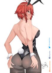 Rule 34 | 1girl, aizawa tomo, animal ears, antenna hair, artist logo, artist name, ass, ass grab, bare back, bare shoulders, black leotard, blush, breasts, facebook username, fake animal ears, fake tail, from behind, hand on own ass, highres, large breasts, leotard, looking at viewer, looking back, patreon username, playboy bunny, pout, rabbit ears, rabbit tail, red eyes, red hair, shiny skin, short hair, simple background, solo, strapless, strapless leotard, syyn (syyndev), tail, tomo-chan wa onna no ko, twitter username, white background, wrist cuffs