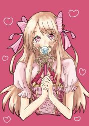 Rule 34 | 1girl, blonde hair, blush, chaos marie (grimms notes), cleavage cutout, clothing cutout, frills, grimms notes, hair ribbon, heart, heart-shaped pupils, highres, holding, holding wand, holding weapon, jewelry, long hair, mino mino mushi, pendant, pink background, pink eyes, puffy short sleeves, puffy sleeves, ribbon, short sleeves, simple background, sketch, smile, solo, symbol-shaped pupils, upper body, wand, weapon