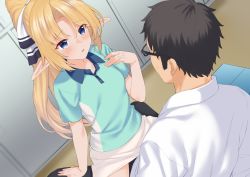 Rule 34 | 1boy, 1girl, arm support, black-framed eyewear, black hair, black ribbon, blonde hair, blue eyes, blue shirt, breasts, collarbone, commentary request, dutch angle, elf, enjo kouhai, from behind, glasses, hair ribbon, hand up, high ponytail, indoors, iris (takunomi), long hair, looking at another, on lap, open mouth, pants, pointy ears, ponytail, ribbon, shirt, short sleeves, sitting, sitting on lap, sitting on person, takunomi, two-tone shirt, white ribbon, white shirt