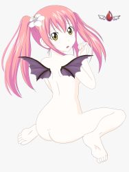 Rule 34 | 1girl, absurdres, artist request, ass, back, breasts, demon wings, ebola-chan, fang, flower, flower on head, from behind, hair flower, hair ornament, highres, lilac, looking at viewer, nude, original, pale skin, personification, pink hair, sidelocks, sitting, sketch, small breasts, twintails, wariza, wings, yellow eyes
