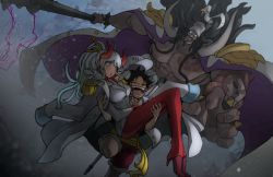 Rule 34 | 1girl, 2boys, abs, alternate costume, alternate universe, beard, belt, black hair, blush, bracelet, carrying, chasing, closed eyes, club, club (weapon), embarrassed, facial hair, father and daughter, fleeing, giant, haki, hat, highres, horns, jewelry, kaidou (one piece), kanabou, laughing, long hair, looking at another, marineford, marines, monkey d. luffy, multicolored hair, multiple boys, muscular, muscular arms, muscular male, no shirt, one piece, oni, pectorals, smile, smoking pipe, spiked bracelet, spikes, tattoo, threatening, very long hair, weapon, yamato (one piece), yellow belt