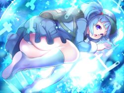 Rule 34 | 1girl, backpack, bag, blue background, blue eyes, blue hair, boots, hair bobbles, hair ornament, hat, kawashiro nitori, key, lying, matching hair/eyes, on stomach, open mouth, panties, rubber boots, short hair, solo, taka (sanoujo358), touhou, twintails, two side up, underwear, white panties, wrench