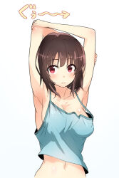 Rule 34 | 1girl, arm behind head, armpits, arms up, bare arms, bare shoulders, breasts, brown eyes, brown hair, camisole, cleavage, clip studio paint (medium), looking at viewer, medium breasts, navel, original, short hair, shouhei, sidelocks, solo, standing, stomach, stretching, upper body, white background