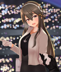 Rule 34 | 1girl, :d, absurdres, anchor necklace, arugou, bag, black gloves, black shirt, blush, gloves, grey hair, grey skirt, hair between eyes, hair ornament, hairband, hairclip, haruna (kancolle), highres, holding hands, jacket, jewelry, kantai collection, long hair, long skirt, looking at viewer, mitsukoshi (department store), necklace, official alternate costume, open mouth, shirt, shopping bag, skirt, smile, solo, white gloves, white hairband, white jacket