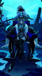 Rule 34 | 1boy, 1girl, absurdres, arthropod boy, black dress, black gloves, black hair, black thighhighs, black veil, blue eyes, blue lips, breasts, bug, cape, capelet, center opening, clothing cutout, crown, diamond hairband, dragonfly wings, dress, fate/grand order, fate (series), full body, fur-trimmed cape, fur trim, gloves, grey hair, highres, holding, holding staff, insect wings, large breasts, long hair, long sleeves, looking at viewer, medium hair, morgan le fay (fate), morgan le fay (queen of winter) (fate), morita yuu, multicolored capelet, oberon (fate), oberon (third ascension) (fate), ponytail, sitting, staff, stomach cutout, thighhighs, two-tone dress, veil, very long hair, white hair, wide sleeves, wing cape, wings