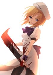 Rule 34 | 1girl, absurdres, back bow, black thighhighs, blonde hair, blood, blood on clothes, blood on hands, blood splatter, bloody weapon, blue eyes, bow, bowtie, crying, dress, front slit, hair between eyes, highres, higurashi no naku koro ni, holding, holding weapon, looking at viewer, medium hair, nami (snow), open mouth, purple bow, purple bowtie, ryuuguu rena, shiny clothes, shiny legwear, short sleeves, simple background, solo, standing, tears, thighhighs, weapon, white background, white dress