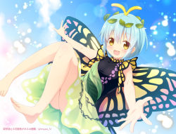Rule 34 | 1girl, :d, antennae, ass, bad id, bad pixiv id, bare arms, barefoot, blue hair, blue sky, blush, butterfly wings, cloud, commentary request, day, dress, eternity larva, feet, green dress, insect wings, knees up, leaf, lens flare, light particles, looking at viewer, nnyara, open mouth, outdoors, outstretched arms, short hair, sky, sleeveless, sleeveless dress, smile, solo, thighs, touhou, wings, yellow eyes