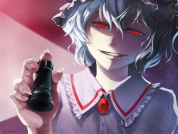 Rule 34 | 1girl, blue hair, board game, chess, face, fangs, female focus, grin, hat, red eyes, remilia scarlet, short hair, slit pupils, smile, solo, touhou, uruo