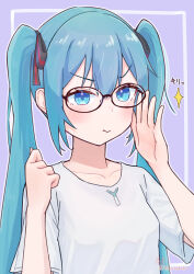 Rule 34 | 1girl, :t, bespectacled, blue eyes, blue hair, blush, glasses, hands up, hatsune miku, highres, long hair, shirt, short sleeves, solo, sparkle, spring onion print, t-shirt, translation request, twintails, upper body, v-shaped eyebrows, vocaloid, yasuno-labo