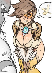 Rule 34 | 1boy, 1girl, :p, adapted costume, bad id, bad pixiv id, banana, bomber jacket, breasts squeezed together, breasts, brown hair, cleavage, food, fruit, goggles, hair over one eye, hands on own knees, highres, jacket, large breasts, leaning forward, maniacpaint, naughty face, overwatch, overwatch 1, phallic symbol, short hair, simple background, sketch, smile, solo focus, sweat, teasing, tongue, tongue out, tracer (overwatch), winston (overwatch)