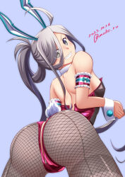 Rule 34 | 1girl, ahoge, animal ears, arched back, asashimo (kancolle), ass, cowboy shot, dated, detached collar, fishnet pantyhose, fishnets, from behind, grey background, grey eyes, grey hair, grey pantyhose, grin, hair over one eye, kantai collection, leotard, long hair, looking at viewer, looking back, moke ro, pantyhose, playboy bunny, ponytail, rabbit ears, rabbit tail, sharp teeth, smile, solo, tail, teeth, twitter username, wrist cuffs, zipper