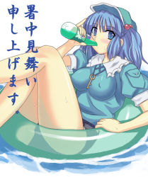 Rule 34 | 1girl, blue eyes, blue hair, drinking, female focus, hair bobbles, hair ornament, hat, innertube, kawashiro nitori, key, lowres, matching hair/eyes, no pants, one-piece swimsuit, pepsi, pepsi ice cucumber, pinky out, school swimsuit, shochuumimai, soda, solo, swim ring, swimsuit, swimsuit under clothes, takaku toshihiko, touhou, two side up, water