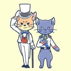Rule 34 | 2018, 2boys, black fur, bow, bowtie, cane, chibi, colored sclera, commentary request, formal, furry, furry male, green sclera, hand on headwear, hat, heterochromia, highres, karasusho, looking at viewer, male focus, military uniform, multiple boys, neko no ongaeshi, orange fur, pixiv id, prince lune, red sclera, simple background, standing, suit, the baron, top hat, uniform, white suit
