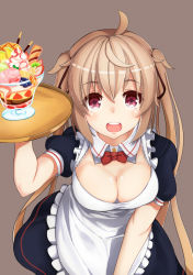 Rule 34 | 10s, 1girl, adapted costume, alternate costume, apron, black dress, breasts, brown eyes, brown hair, cleavage, dessert, detached collar, dress, food, fruit, hair ornament, hair ribbon, highres, ice cream, kantai collection, kiwi (fruit), kogetsu azami, light brown hair, long hair, murasame (kancolle), open mouth, pocky, ribbon, simple background, smile, solo, strawberry, tray, twintails, waist apron, waitress