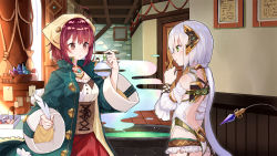 Rule 34 | 2girls, :o, ahoge, atelier (series), atelier sophie, bare shoulders, blue coat, blush, breasts, brown eyes, brown hair, cauldron, closed mouth, coat, colored skin, commentary request, corset, crystal, detached sleeves, door, dress, eye contact, green eyes, hair between eyes, hair ornament, hand up, head scarf, holding, indoors, long sleeves, looking at another, multiple girls, open clothes, open coat, parted lips, picture frame, plachta, puffy short sleeves, puffy sleeves, quill, red skin, ryuuno6, sack, shirt, short hair, short sleeves, silver hair, small breasts, smile, smoke, sophie neuenmuller, standing, tail raised, white dress, white shirt, wide sleeves, wooden floor