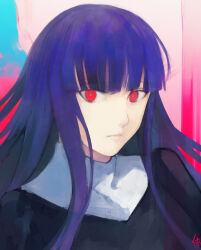 Rule 34 | 1girl, asagami fujino, breasts, frown, habit, highres, hime cut, kara no kyoukai, long hair, looking at viewer, medium breasts, moedredd, multicolored background, purple hair, red eyes, reien girl&#039;s academy school uniform, school uniform, serious