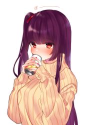 Rule 34 | 1girl, blush, commentary request, drinking, etto eat, girls&#039; frontline, highres, long hair, purple hair, red eyes, solo, sweater, tin can, translation request, wa2000 (girls&#039; frontline), white background
