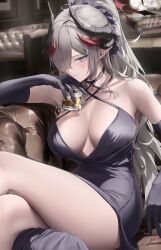 Rule 34 | 1girl, absurdres, ass, black dress, black gloves, black horns, blue archive, blush, breasts, closed mouth, collarbone, crossed legs, cup, demon horns, dress, elbow gloves, gloves, grey eyes, grey hair, hair over one eye, halo, halterneck, highres, holding, holding cup, horns, indoors, large breasts, long hair, looking at viewer, makoto (blue archive), makoto (dress) (blue archive), multiple horns, official alternate costume, pointy ears, red halo, signature, solo, thighs, yabacha