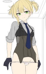 Rule 34 | 1girl, asymmetrical hair, black gloves, black vest, blonde hair, blue necktie, cameltoe, closed mouth, collared shirt, commentary, corset, cowboy shot, english commentary, girls&#039; frontline, gloves, green eyes, grey shirt, groin, highres, looking at viewer, necktie, panties, panty pull, partially colored, shirt, short hair, sleeves pushed up, smile, solo, split mouth, sweat, two side up, underwear, unfinished, vest, welrod mkii (girls&#039; frontline), white legwear, yakob labo