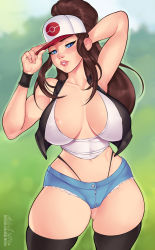 Rule 34 | 1girl, adapted costume, adjusting clothes, adjusting headwear, ange1witch, areola slip, bare shoulders, baseball cap, black thighhighs, black vest, blue eyes, blue shorts, blurry, blurry background, breasts, brown hair, cleavage, collarbone, cowboy shot, creatures (company), crop top, day, game freak, hat, highres, hilda (pokemon), large breasts, lips, long hair, looking at viewer, midriff, navel, nintendo, outdoors, parted lips, pokemon, pokemon bw, ponytail, short shorts, shorts, sidelocks, skindentation, sleeveless, solo, standing, thighhighs, vest, wristband