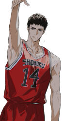 Rule 34 | 1boy, 77ho, arm up, basketball jersey, basketball uniform, black eyes, black hair, closed mouth, highres, jersey, korean commentary, looking back, male focus, mitsui hisashi, red shirt, red shorts, shirt, shorts, simple background, slam dunk (series), sleeveless, sleeveless shirt, smile, solo, sportswear, white background