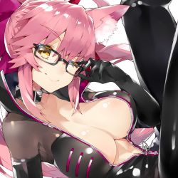 Rule 34 | 1girl, adjusting eyewear, animal ear fluff, animal ears, black bodysuit, blush, bodysuit, bow, breasts, center opening, choker, cleavage, collarbone, fate/grand order, fate (series), fox ears, fox tail, glasses, hair between eyes, hair bow, highres, kou mashiro, koyanskaya (assassin) (first ascension) (fate), koyanskaya (fate), large breasts, legs up, long hair, looking at viewer, lying, one eye closed, pink bow, pink hair, sidelocks, simple background, smile, solo, tail, tamamo (fate), thighs, white background, yellow eyes, zipper