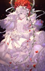 Rule 34 | 1girl, arm up, bouquet, breasts, choker, detached sleeves, dress, expressionless, flower, frilled dress, frills, grey eyes, jewelry, leaf, looking at viewer, medium breasts, mizumizu (phoenix), necklace, pale skin, petals, plant, red flower, red rose, rose, sinoalice, snow white (sinoalice), solo, veil, vines, wedding dress, white dress, white flower, white hair, white rose