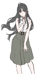 Rule 34 | 1girl, awa subaru, bare arms, black hair, blush, closed mouth, commentary request, feet out of frame, girls band cry, grey skirt, hair ribbon, hand up, highres, long hair, moeruru8812, purple eyes, ribbon, shirt, simple background, skirt, sleeveless, sleeveless shirt, smile, solo, white background, white ribbon, white shirt