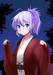 Rule 34 | 1girl, absurdres, alternate costume, aoba (kancolle), blue eyes, blue scrunchie, hair ornament, hair scrunchie, highres, japanese clothes, kantai collection, kimono, looking at viewer, night, night sky, ponytail, purple hair, scrunchie, short hair, sky, smile, solo, sosser, upper body, yukata